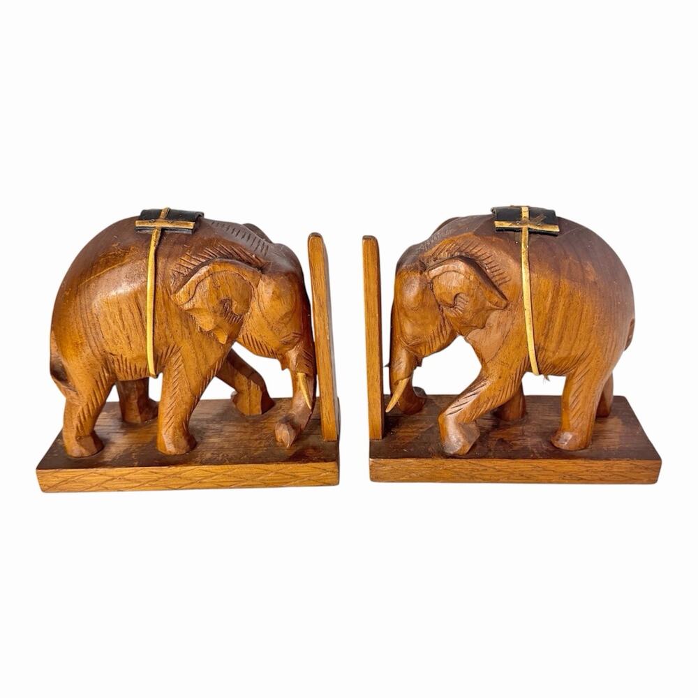 Vintage Carved Wooden Elephant Bookends Complete with Tusks Set of 2